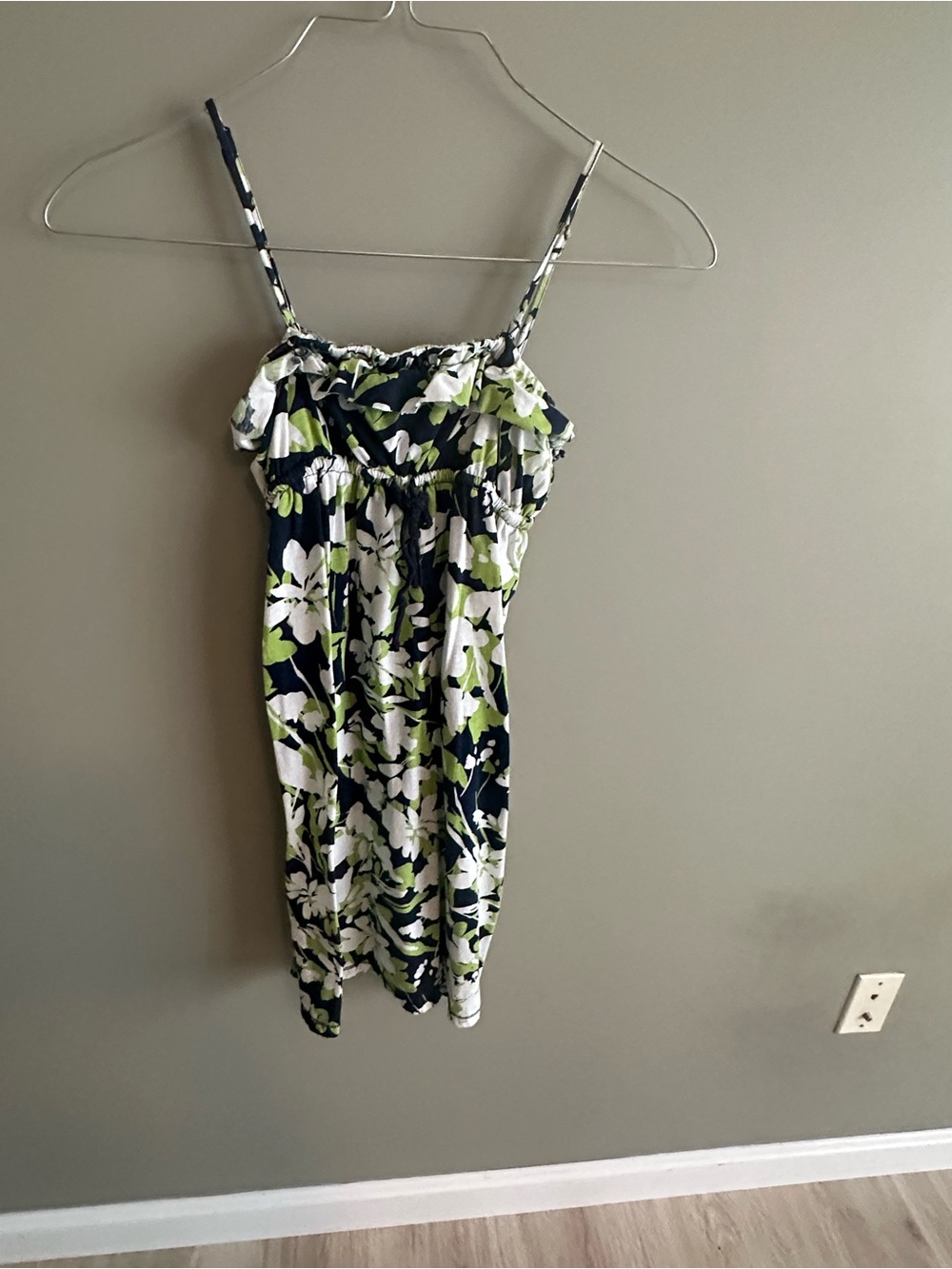 Floral Spaghetti-Strap Sundress in Navy, White & Lime
